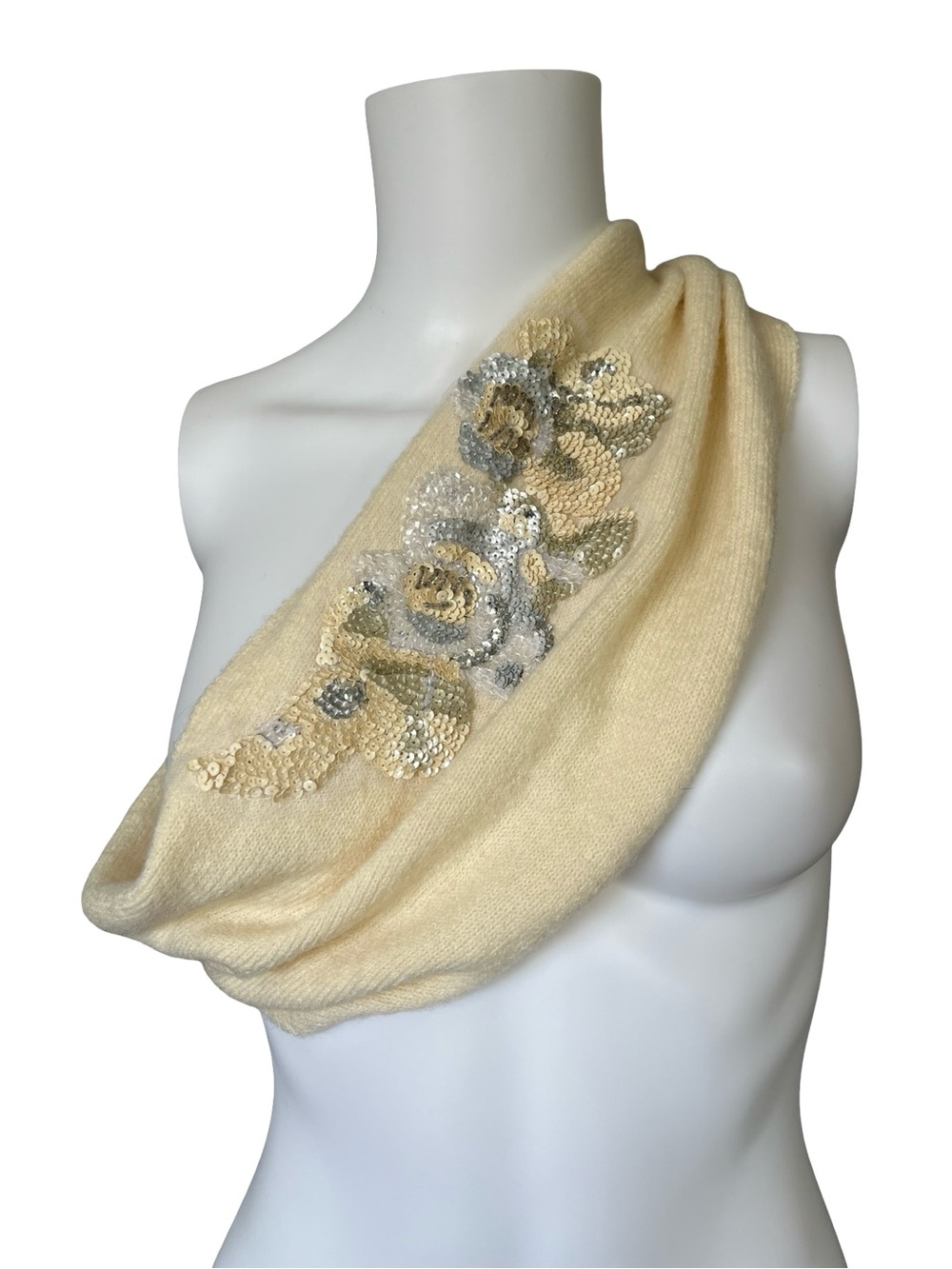 Free People Smooth Wool Blend Scarf Belt Sequin Floral Applique